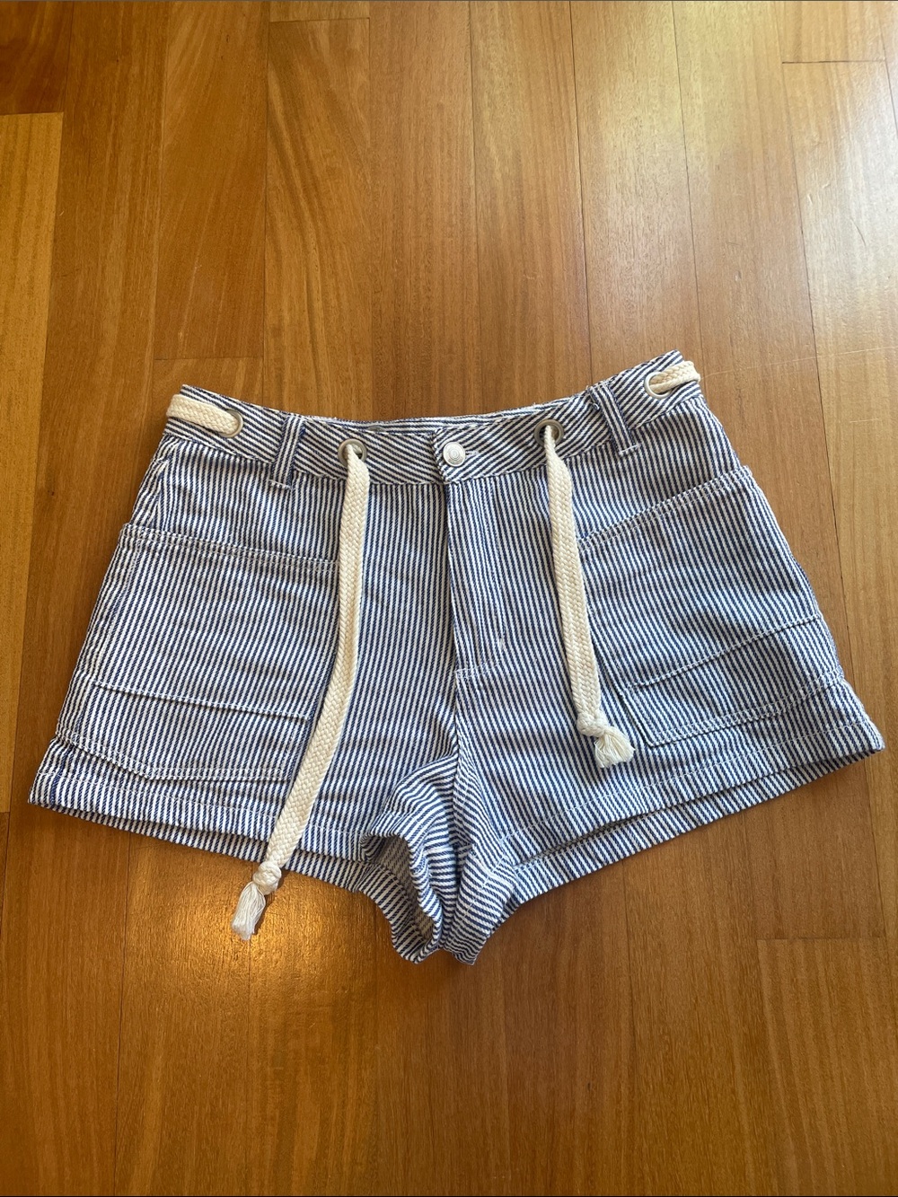 High-Waist Striped Cotton Shorts with Drawstring - Blue & White